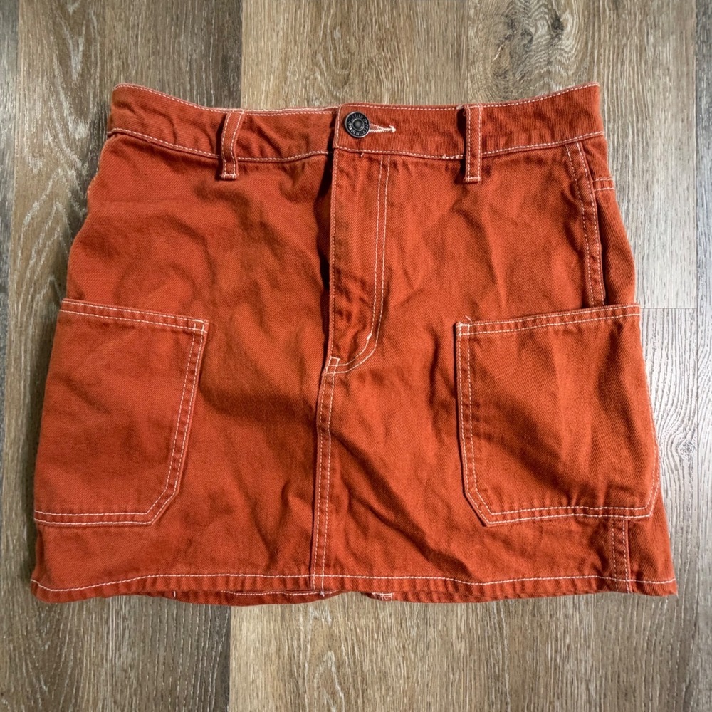 Forever 21 Denim Mini Skirt Womens Small Orange Contrast Stitch Utility Pocket